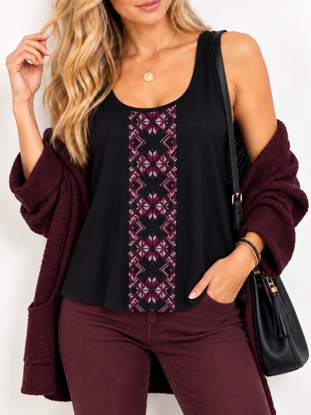 Mossimo Supply Co. Black Tank with Pink Geometric Embroidered Panel